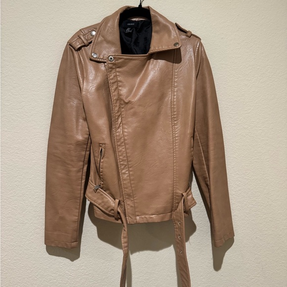 Forever 21 Tan Leather Moto Jacket with Belted Waist - Picture 1 of 4